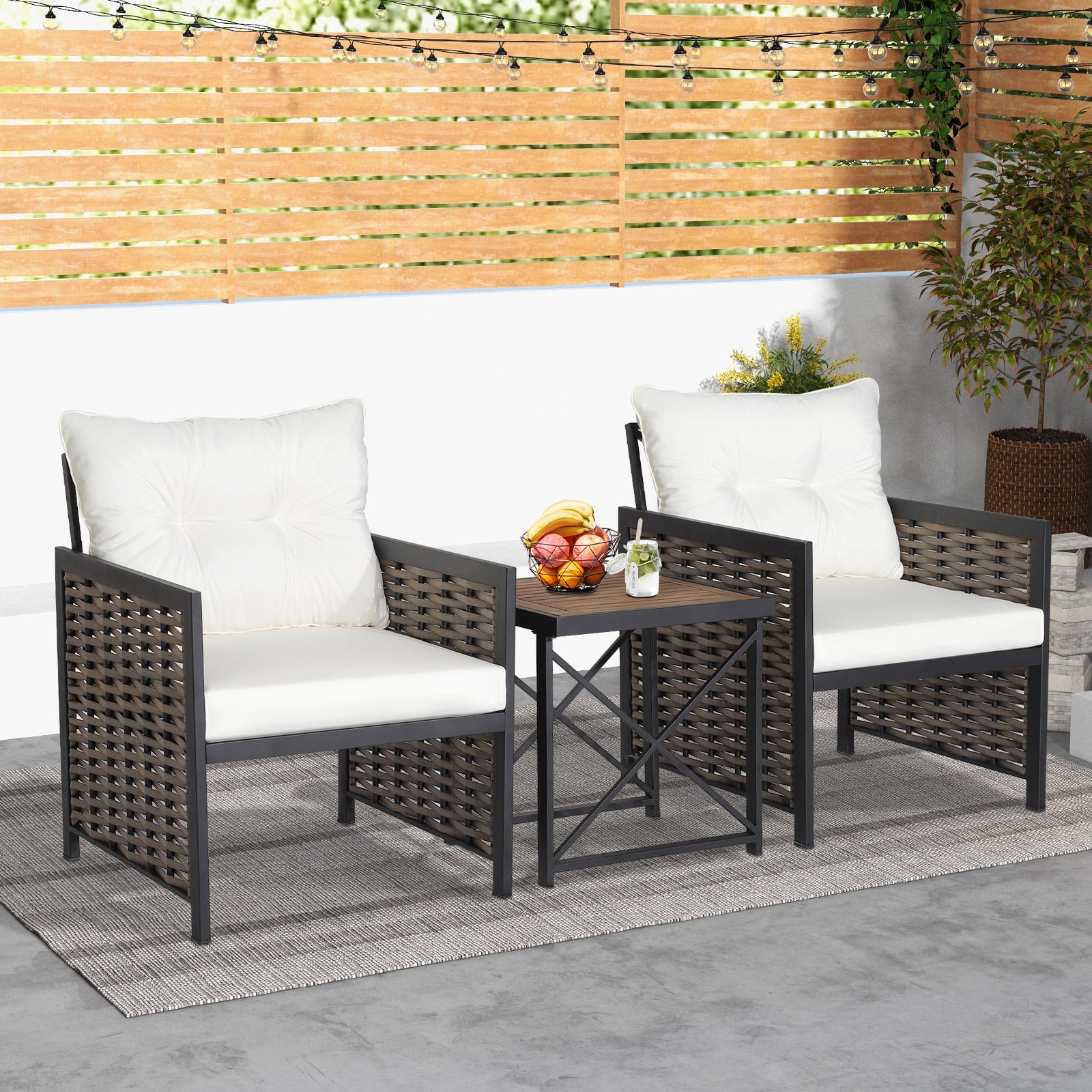 3 Pieces Patio Rattan Bistro Set with Acacia Wood Tabletop-White